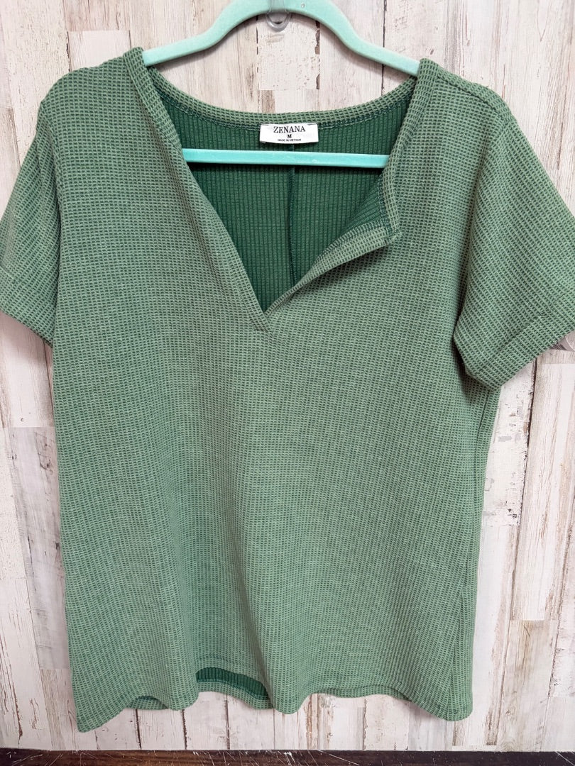GREEN ZENANA WAFFLE KNIT V NECK, LADIES M