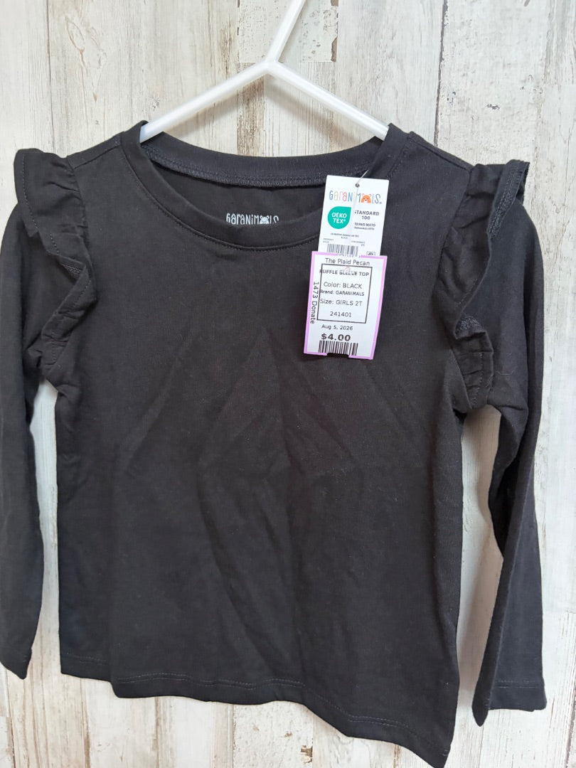 BLACK GARANIMALS RUFFLE SLEEVE TOP, GIRLS 2T