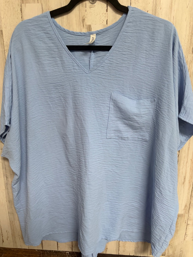 BLUE ZENANA POCKET VNECK TOP, LADIES M
