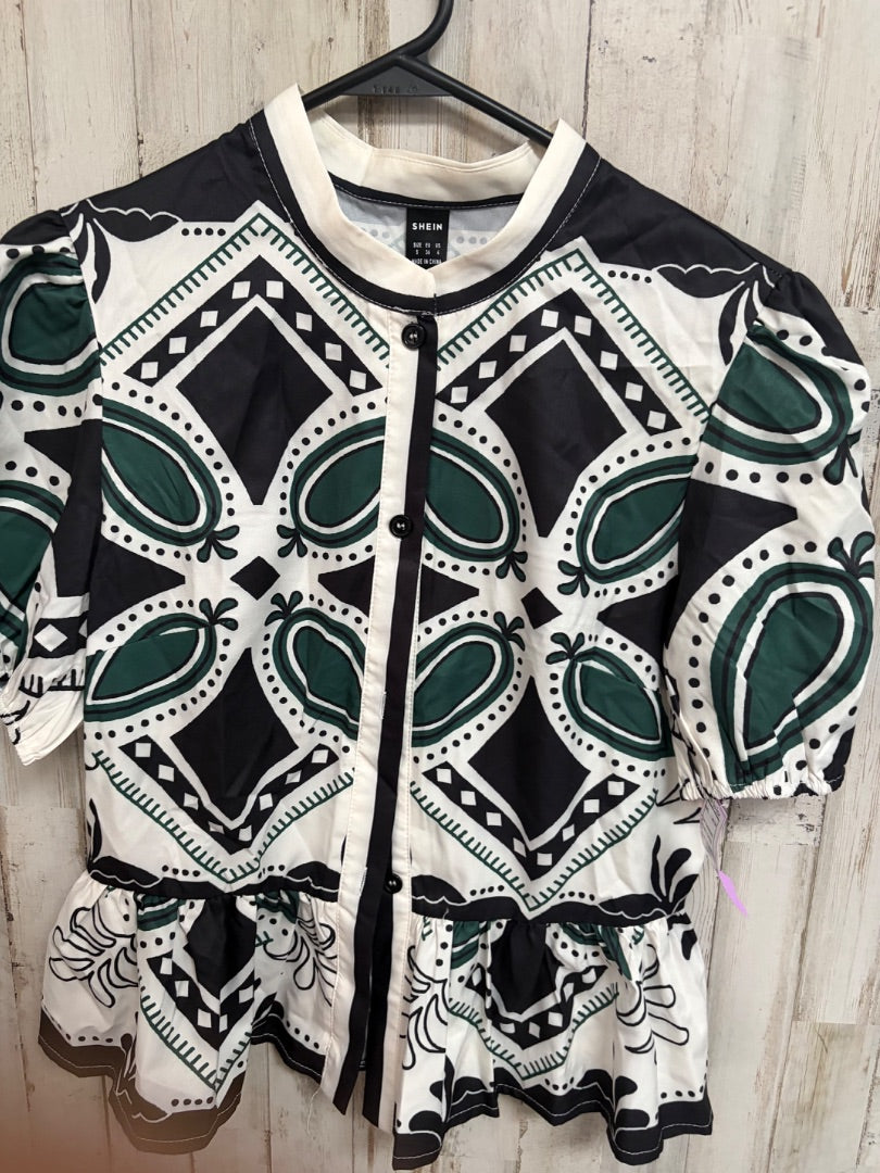 BLACK/GREEN SHEIN PRINTED BUTTON TOP, LADIES S