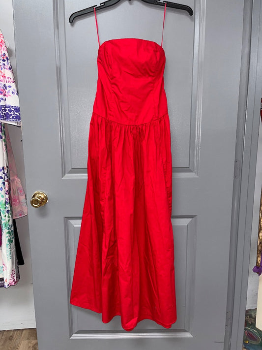 RED ABERCROMBIE STRAPLESS MAXI, LADIES XS
