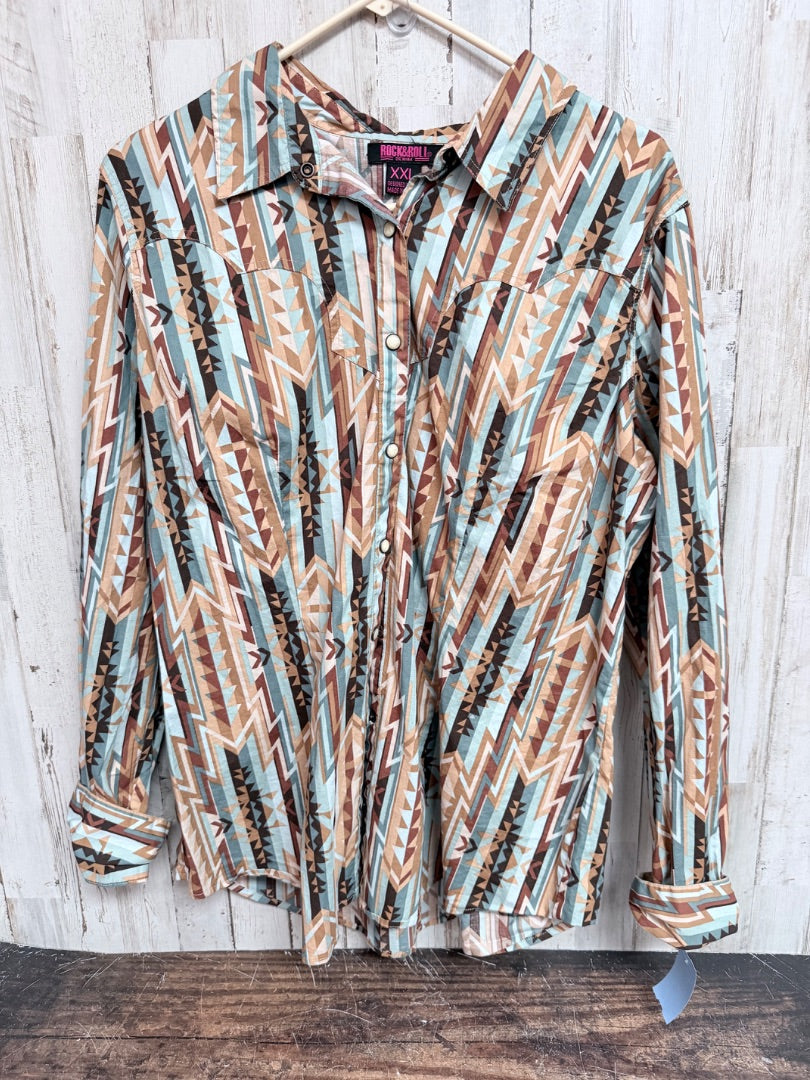 multi rock and roll button up blouse, Ladies 2X