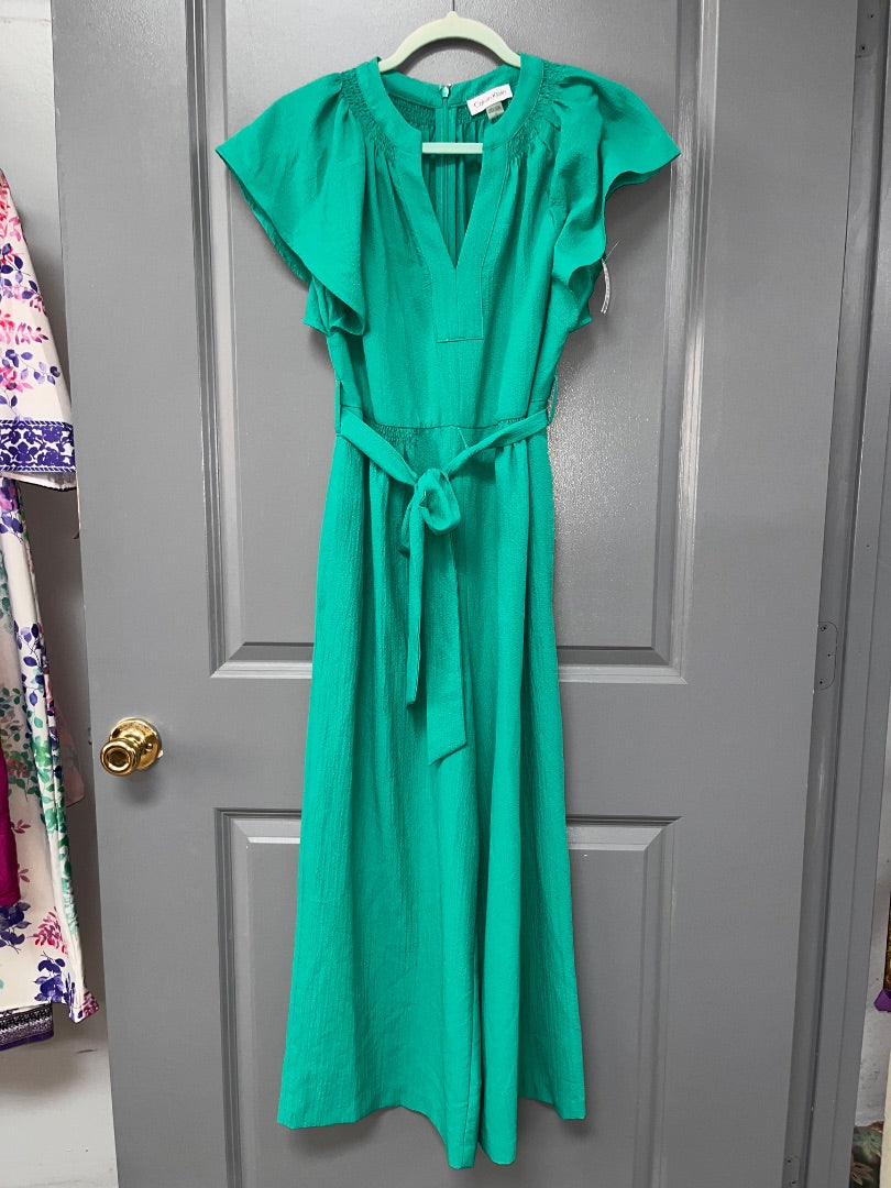 GREEN CALVIN KLEIN TEXTURE BELTED ROMPER, LADIES S