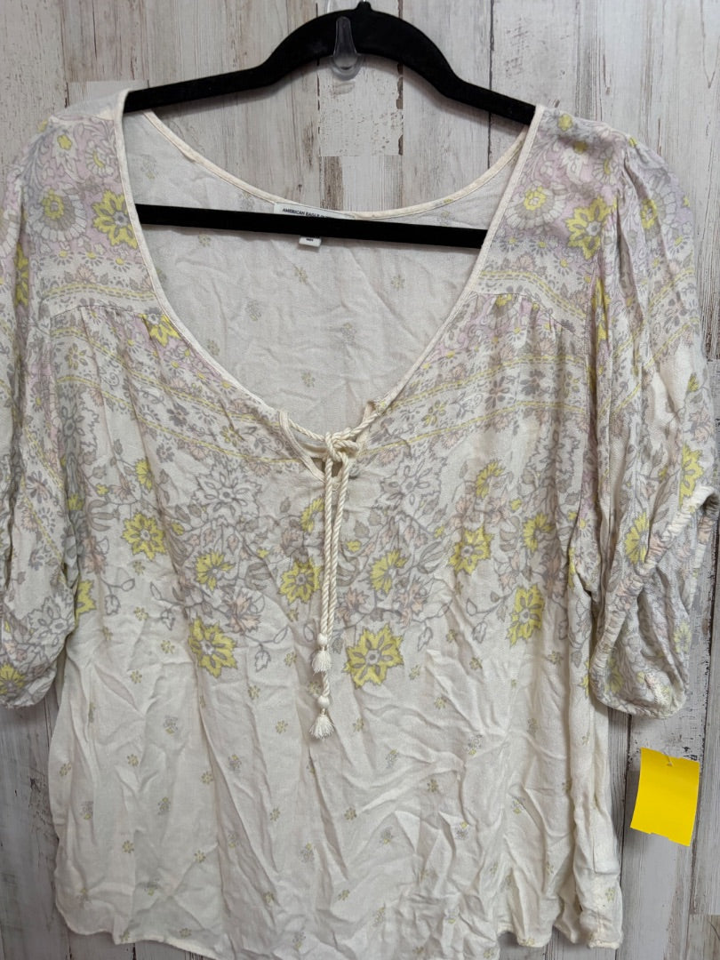TAN AMERICAN EAGLE FLORAL TIE NECK TOP, LADIES XL