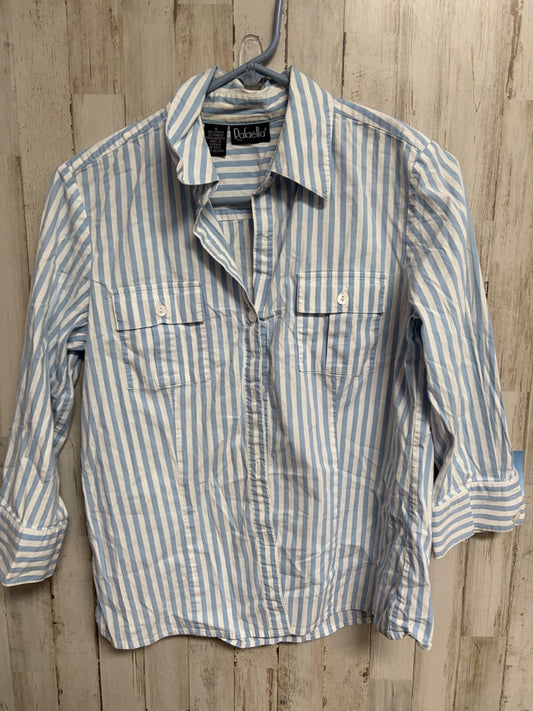BLUE/WHITE RAFAELLA SZ8 STRIPED BUTTON UP, LADIES M