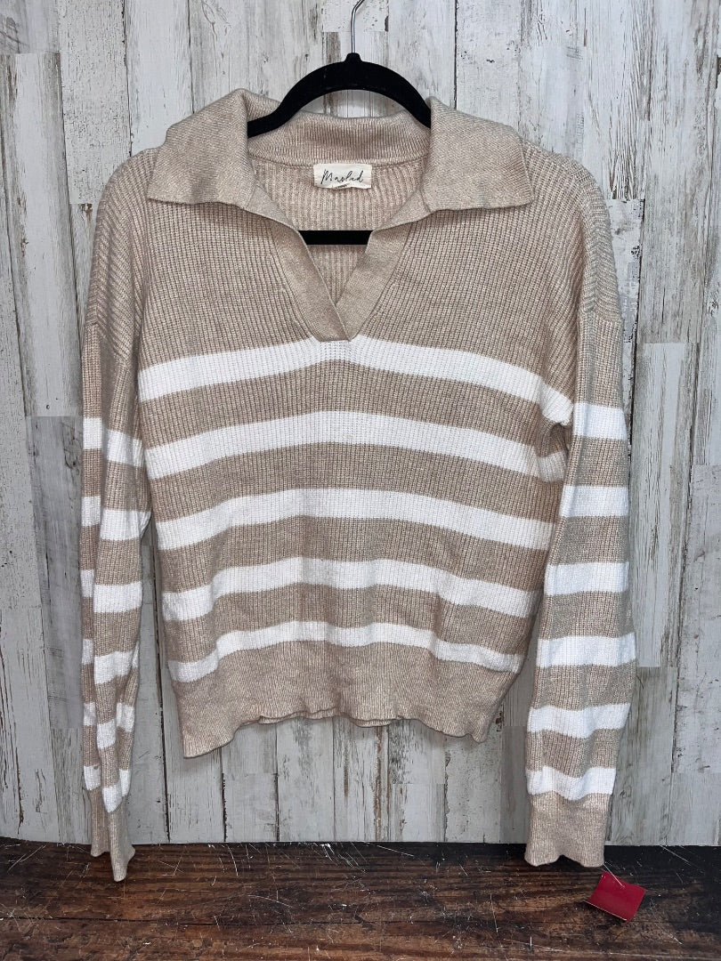 TAN/WHITE MARLED STRIPE KNIT COLLARED SWEATER, LADIES S