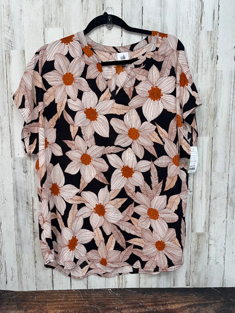BLACK/TAN CABI FLORAL V NECK BLOUSE, LADIES L