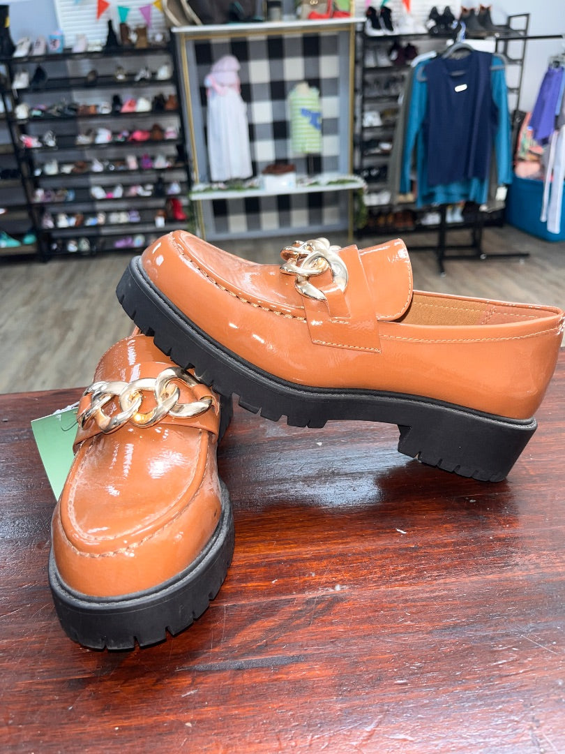 CAMEL SODA CHAIN EMBELLISHED CHUNKY LOAFERS, SHOES A8.5