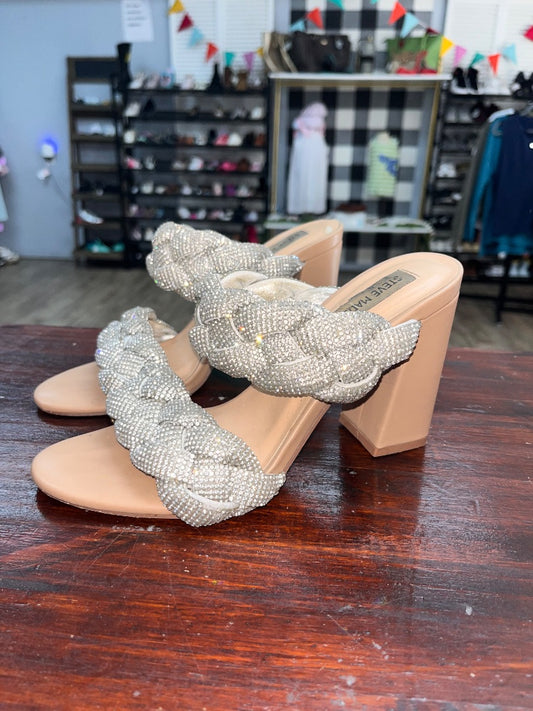 SILVER STEVE MADDEN EMBELLISHED BRAIDED HEEL SANDALS, SHOES A7.5