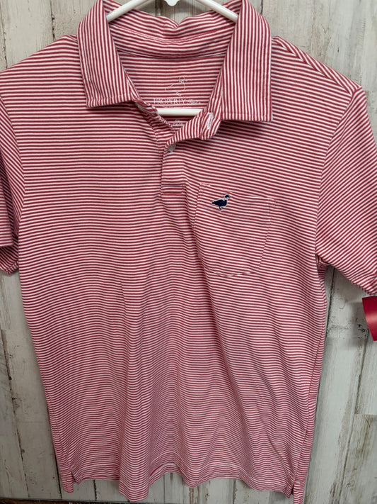 MUTED RED PROPERLY TIED STRIPE LOGO POLO, BOY 14/16