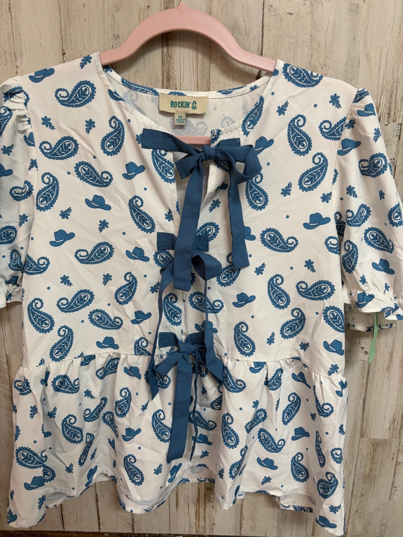 WHITE/BLUE ROCKIN C PAISLEY COWGIRL BOW TOP, LADIES M