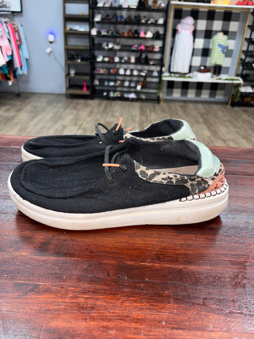 BLACK HEY DUDE LEOPARD HEEL SLIP ON SHOES, SHOES A10