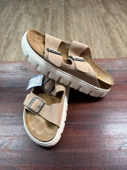 TAN PAPILLIO LEATHER STRAP PLATFORM SANDALS, SHOES A9