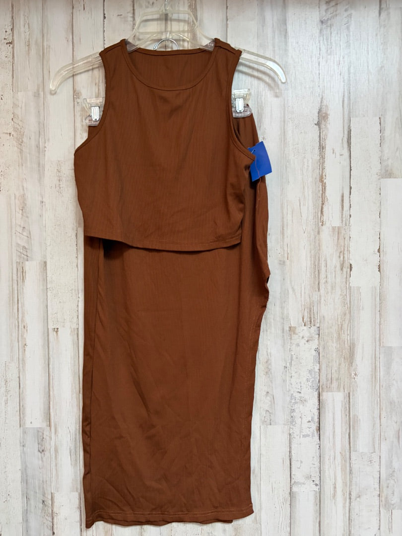 BROWN SHEIN RIBBED 2PC CROP TANK/SKIRT SET, LADIES S