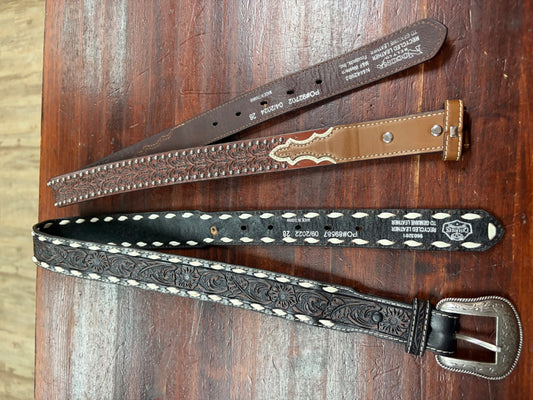 BROWN CAVENDERS TWO LEATHER BELTS WITH INTERCHANGEABLE BUCKLE, BOY (SIZES 26 AND 28)