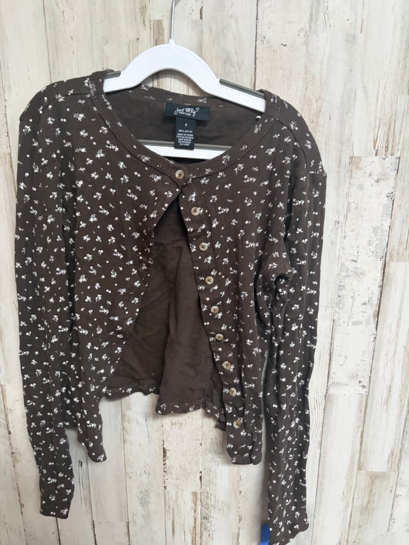BROWN JUST POLLY FLORAL BUTTON SWEATER, GIRLS 6/7