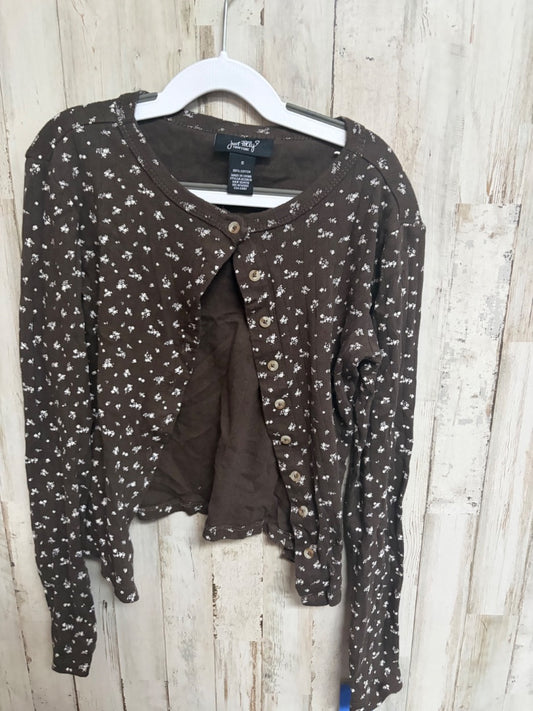 BROWN JUST POLLY FLORAL BUTTON SWEATER, GIRLS 6/7