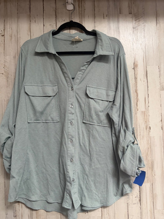 LIGHT TEAL FLOWER & FEATHER TEXTURED BUTTON UP, LADIES 2X