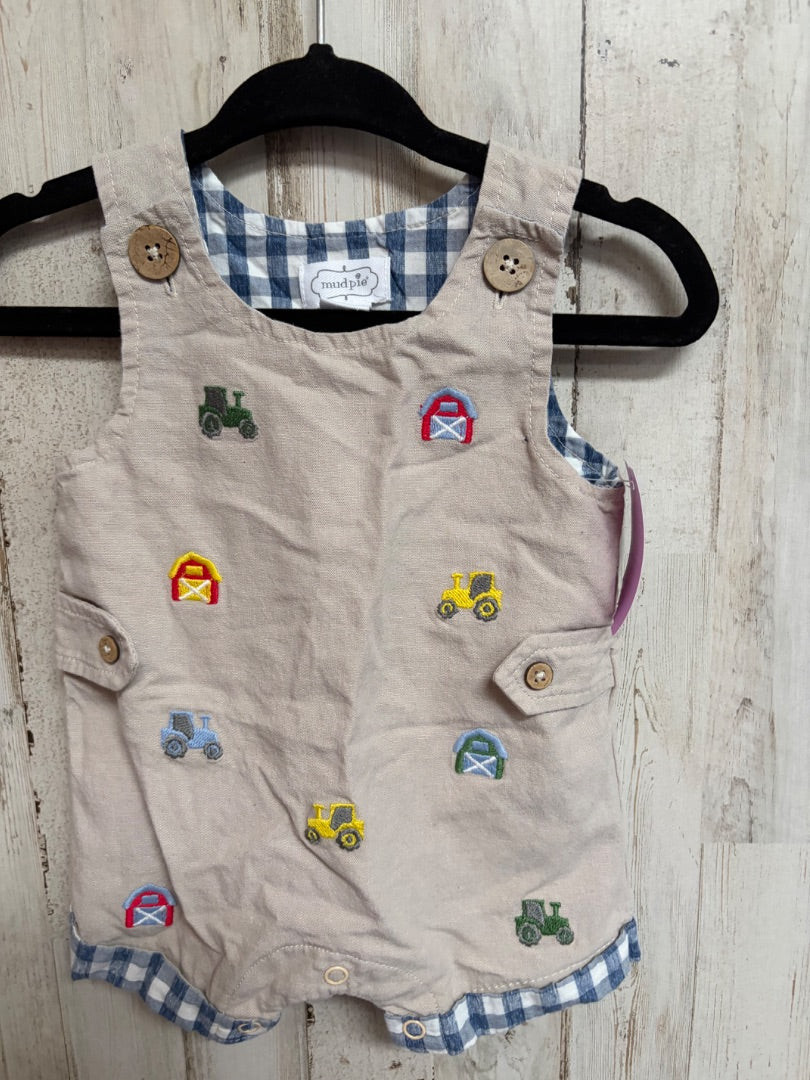 TAN MUDPIE TRACTOR EMBROIDERED ROMPER, BOY 0-3M