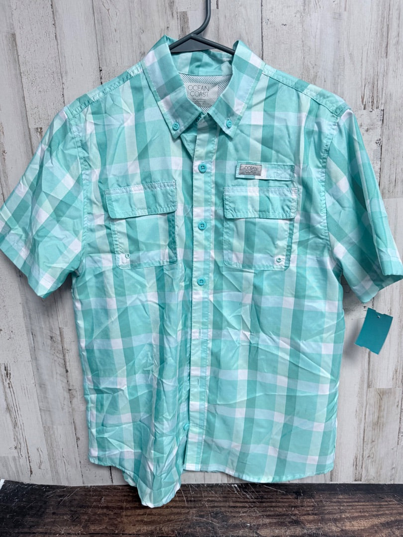 TEAL OCEAN + COAST PLAID BUTTON UP FISHING SHIRT, BOY 14