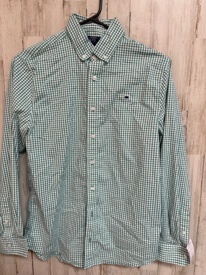 DARK GREEN CROWN & IVY PLAID BUTTON UP, BOY 14/16