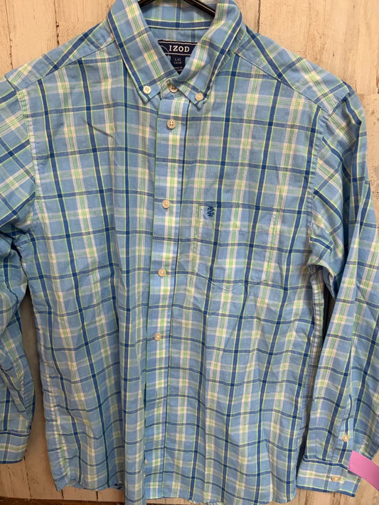 BLUE/GREEN IZOD PLAID BUTTON UP, BOY 14/16
