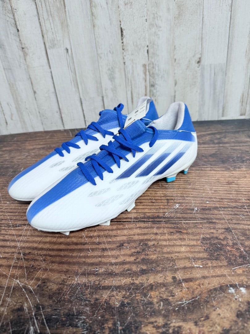 WHITE/BLUE ADIDAS SOCCER CLEATS, SHOES A10.5