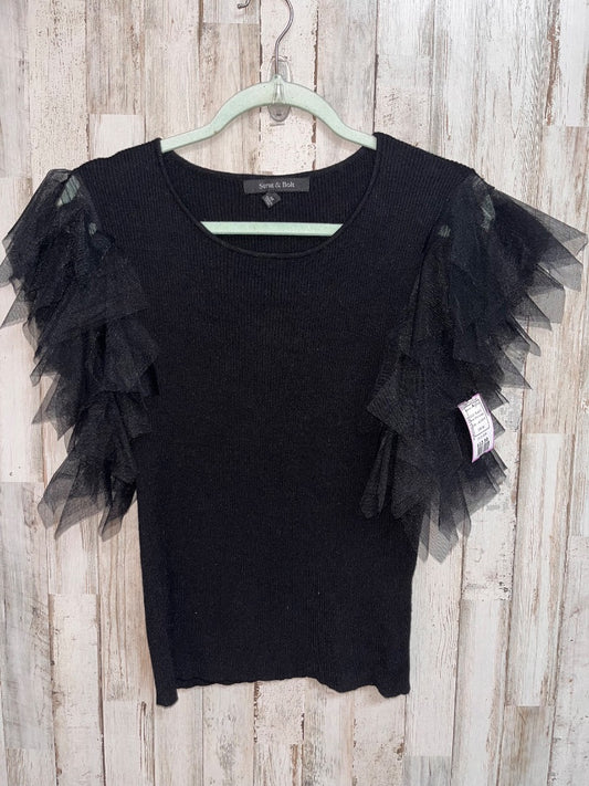 BLACK STRUT & BOLT RIBBED KNIT FLUTTER SLEEVE TOP, LADIES M