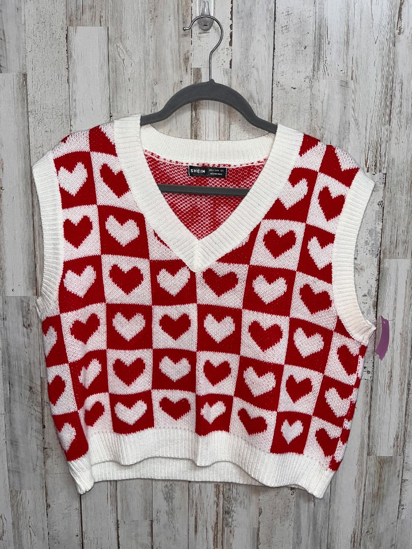 RED/IVORY SHEIN HEART V NECK SWEATER VEST, LADIES M
