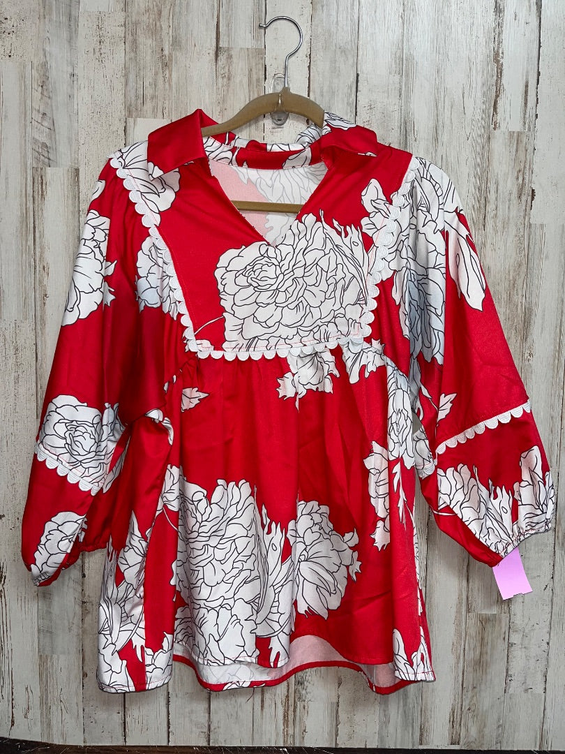 RED SHEIN FLORAL COLLARED BLOUSE, LADIES M