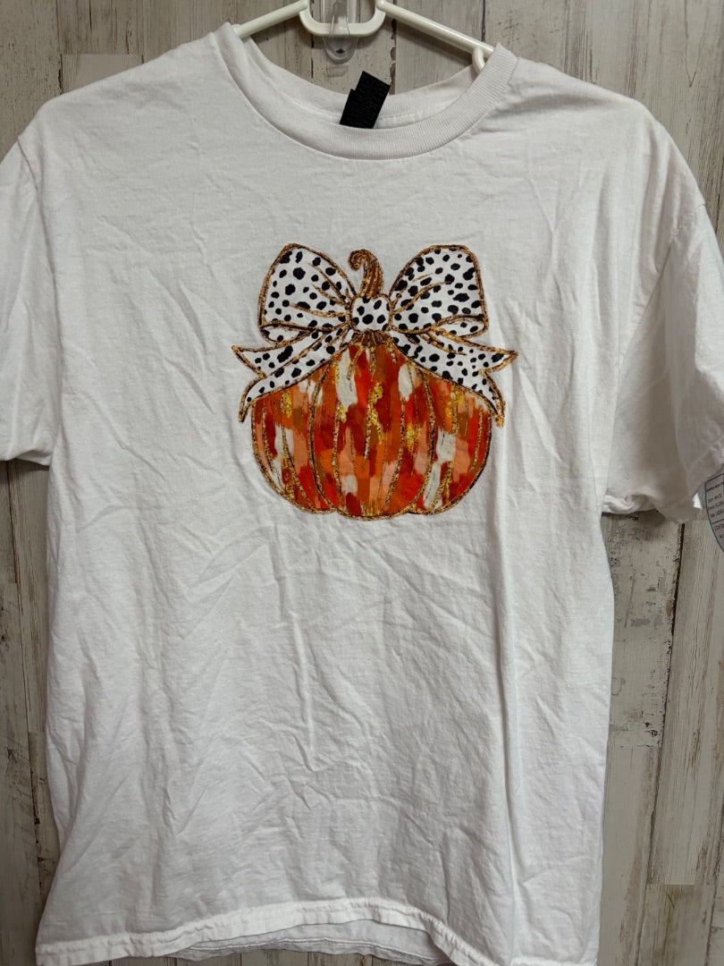 WHITE GILDAN PUMPKIN BOW TEE, LADIES M