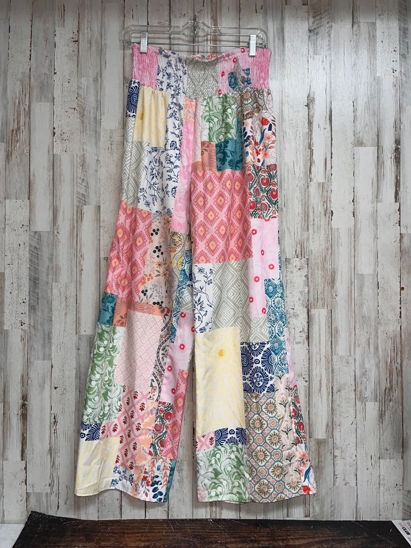 PINK SHEIN PATCH PRINT WIDE LEG PANTS, LADIES L