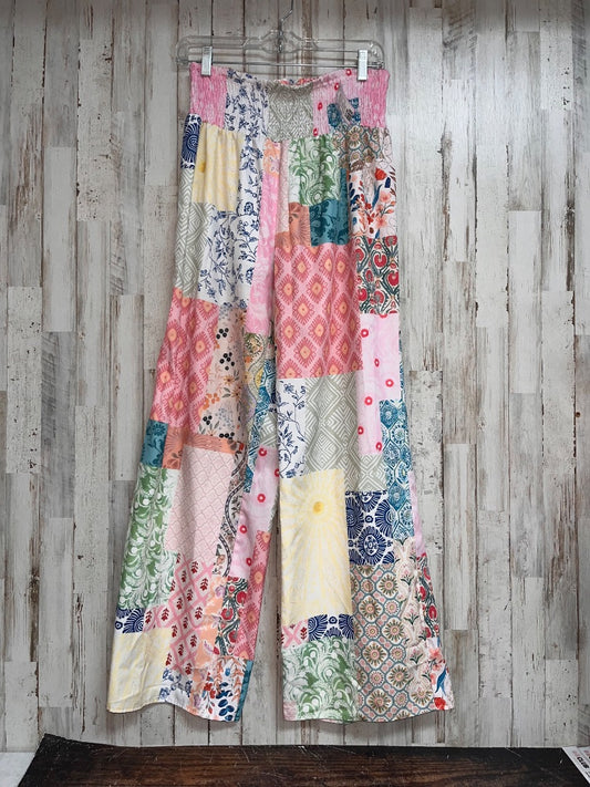 PINK SHEIN PATCH PRINT WIDE LEG PANTS, LADIES L