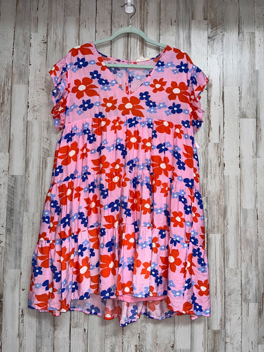 PINK ENTRO FLORAL V NECK TIER DRESS, LADIES L