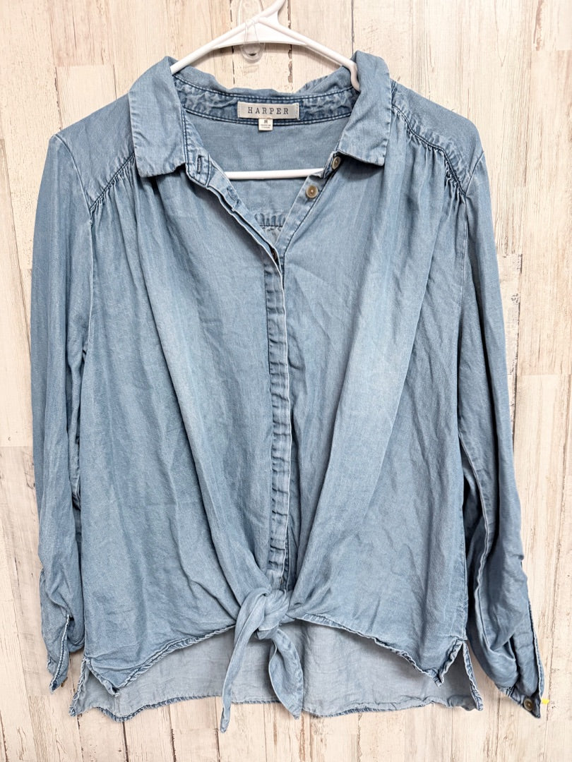 DENIM HARPER BUTTON TIE TOP, LADIES M