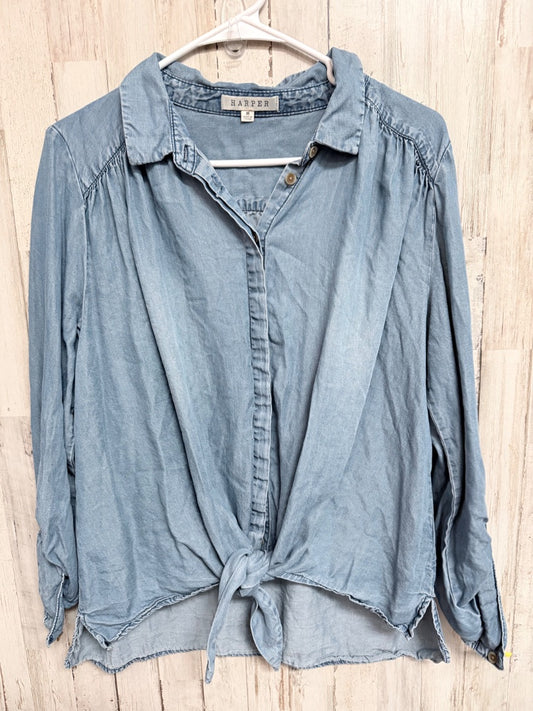 DENIM HARPER BUTTON TIE TOP, LADIES M