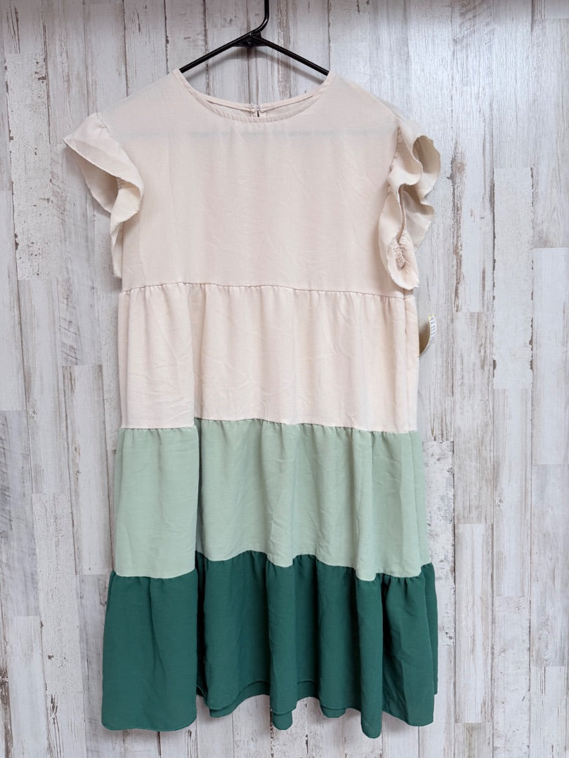 BEIGE/GREEN SHEIN TIERED DRESS, LADIES M