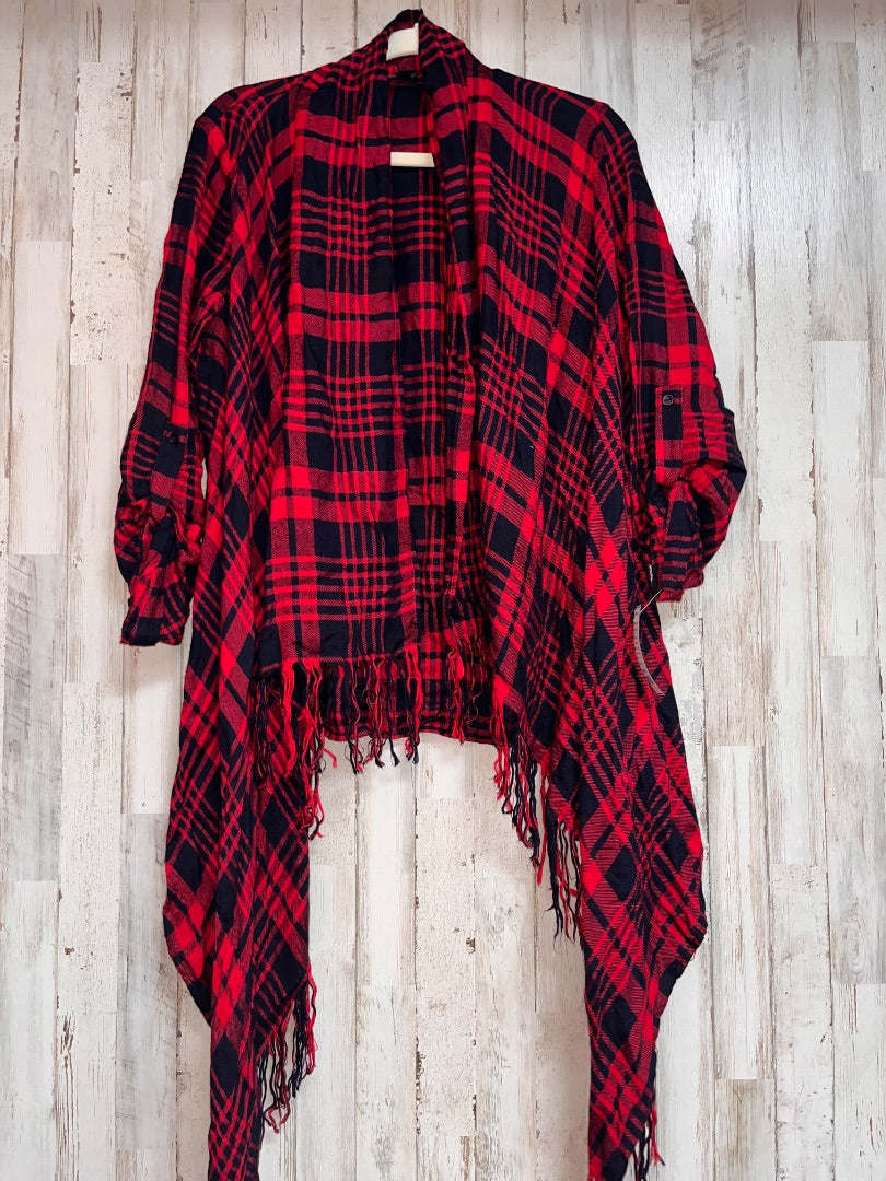 RED/NAVY ASTORIO PLAID FRINGE CARDIGAN, LADIES S