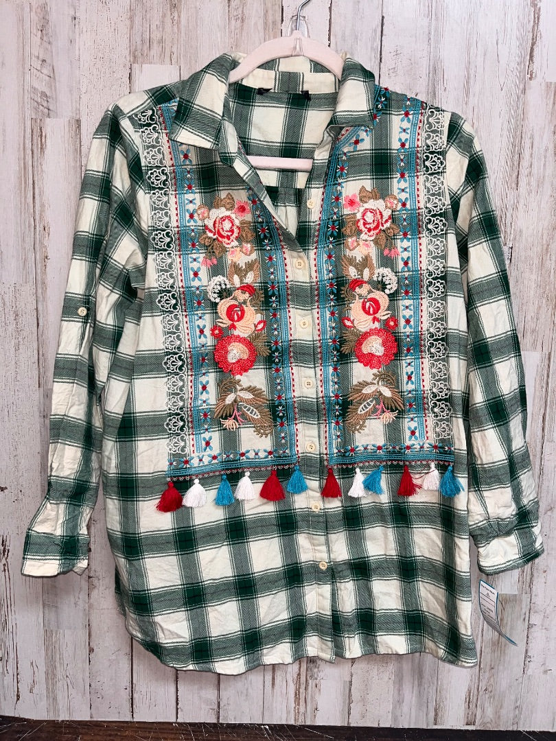 GREEN  FLORAL EMBROIDERED PLAID BUTTON UP, LADIES S