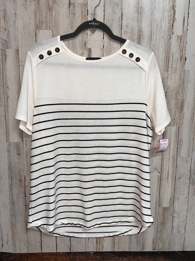 WHITE/BLACK STUCCATO BUTTON SHOULDER STRIPE TOP, LADIES M