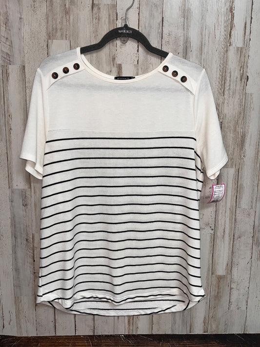 WHITE/BLACK STUCCATO BUTTON SHOULDER STRIPE TOP, LADIES M