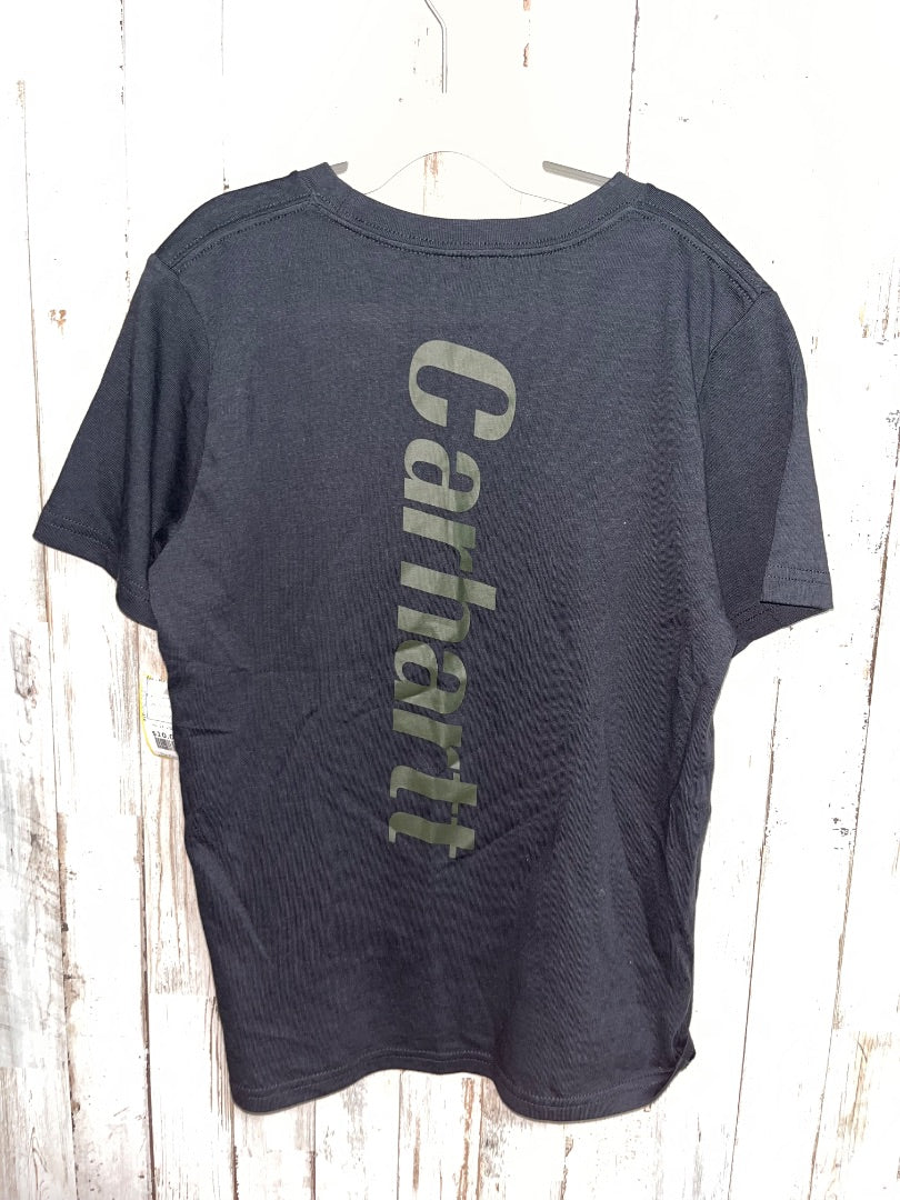 BLACK CARHARTT CAMO POCKET TEE, BOY 8/10