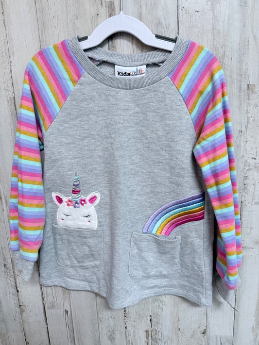 GREY KIDS HEADQUARTERS STRIPE SLEEVE UNICORN TOP, GIRL 5T