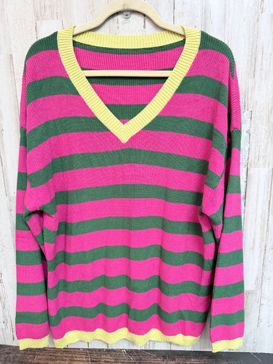 GREEN/PINK  STRIPE VNECK SWEATER, LADIES M