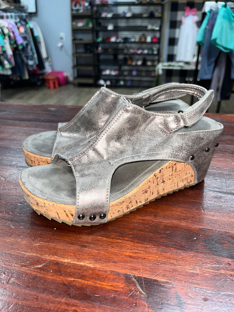 GREY/SILVER PIERRE DUMAS VELCRO STRAP PEEP TOE WEDGES, SHOES A6