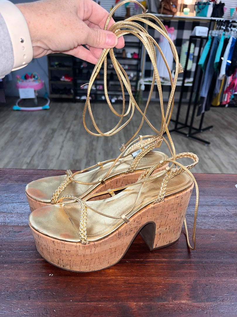 GOLD SCHUTZ WRAP STRAP BRADED HEELS, SHOES A7.5