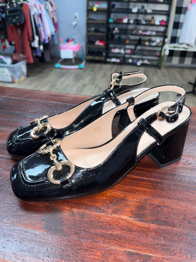 BLACK  BUCKLE SLING BACK HEELS, SHOES A7