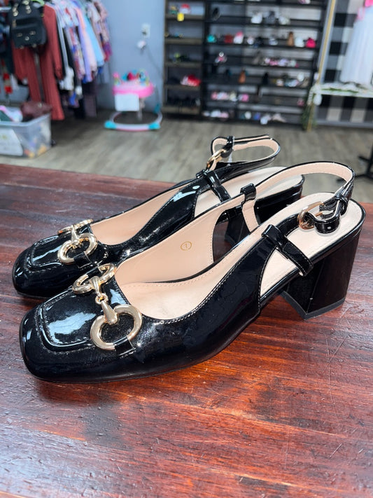BLACK  BUCKLE SLING BACK HEELS, SHOES A7
