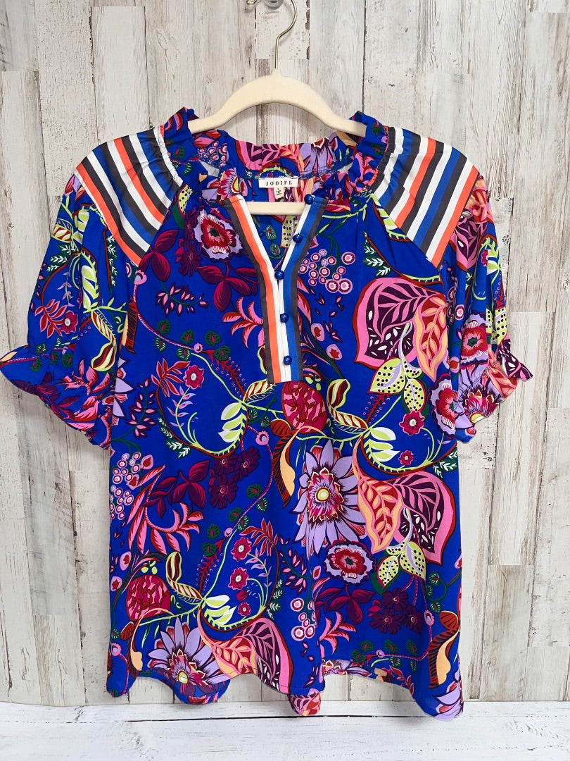 BRIGHT BLUE JODIFL FLORAL SILKY BUTTON BLOUSE, LADIES S
