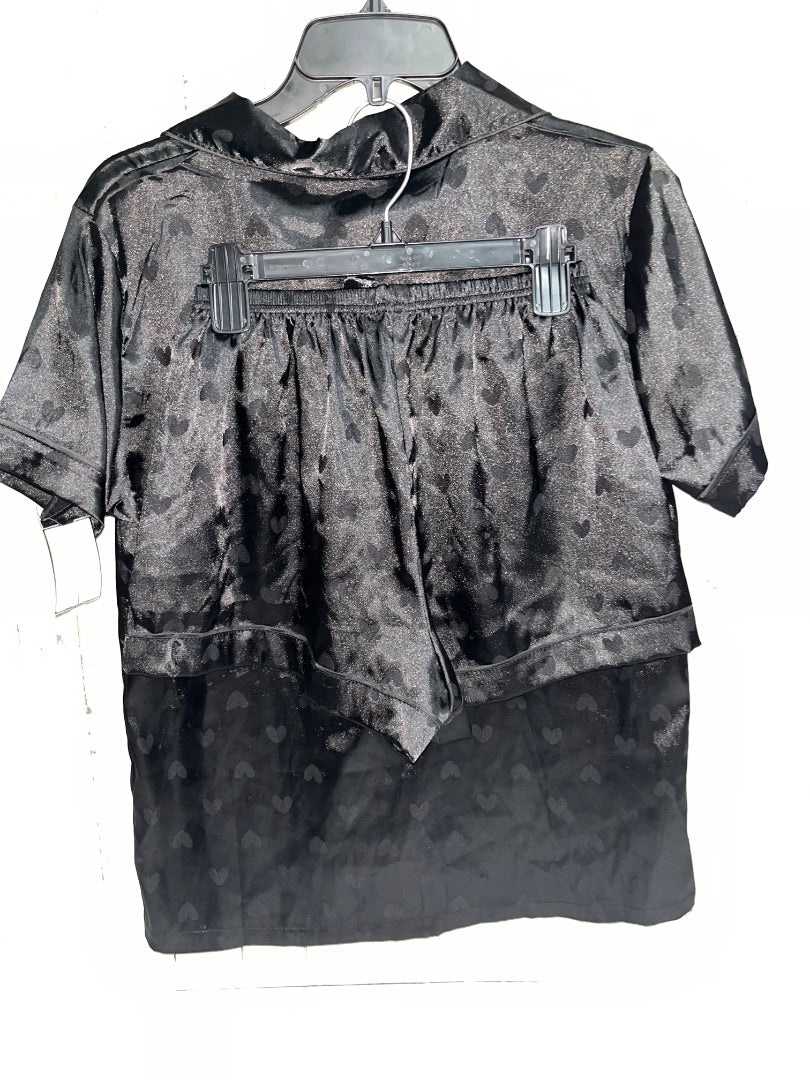 BLACK  HEART PRINT SATIN 2PC PJ SET, LADIES S
